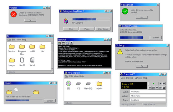 Vintage PC software windows, retro computer interface message boxes, vector backgrounds. Vintage PC windows of file folders on disk, system error popup message and browser loading bars with buttons