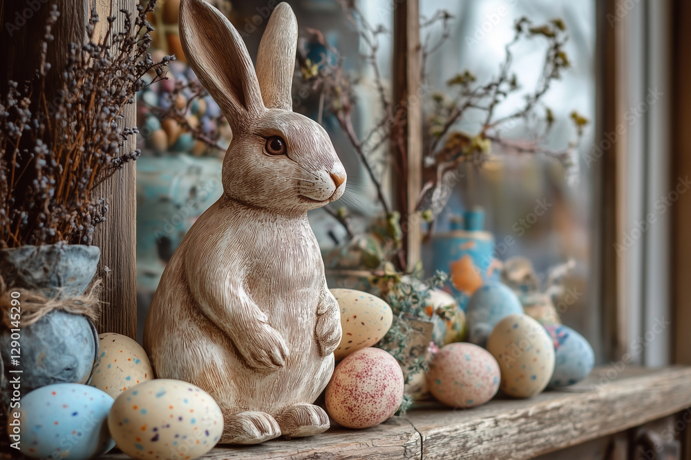 Aufkleber rabbit statue sits on a shelf with a bunch of easter eggs. the scene is cheerful and festive, with t