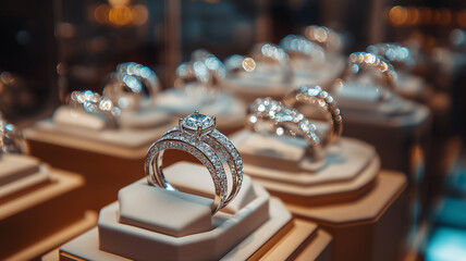 Elegant Diamond Ring Displayed in the Window of a Luxury Jewelry Store