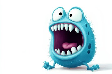 Cartoon blue creature with big mouth and oversized eyes, smiling