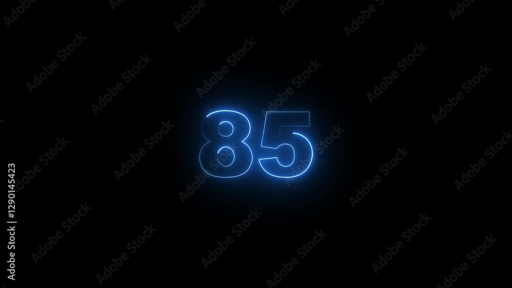 Poster neon glowing text 85 number countdown icon on black background 4k animation. neon number 85 with alp