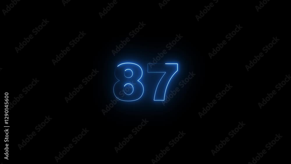 Poster neon glowing text 87 number countdown icon on black background 4k animation. neon number 87 with alp