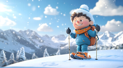 cartoon character cute snowshoeing and Winter Hiking
