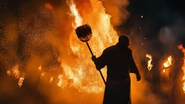 The man carried a torch through the dark forest, illuminating the path ahead with determination.