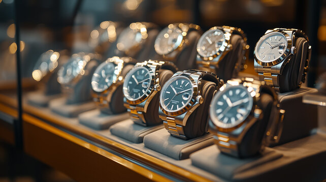 Luxury Collection of Watches on Display in a Stylish Retail Environment and Showcase 