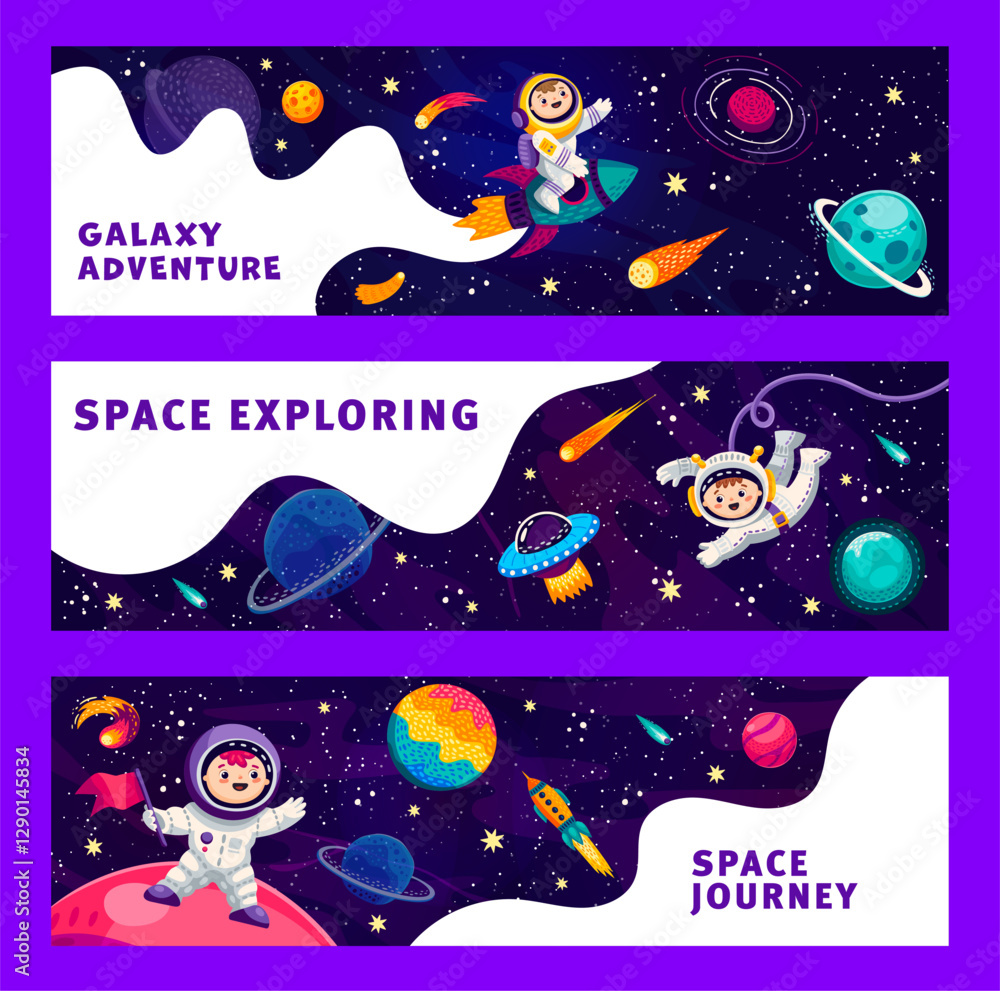 Poster cartoon space banners. funny astronauts and space galaxy landscape. vector bookmarks or horizontal c