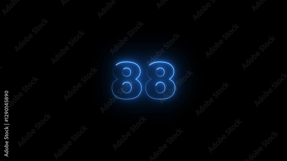 Poster neon glowing text 88 number countdown icon on black background 4k animation. neon number 88 with alp