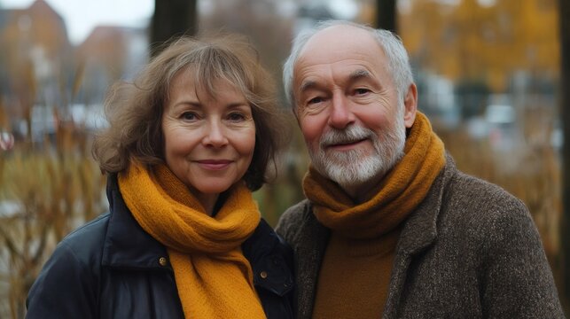 Happy senior couple wearing matching scarves smiling in an autumnal park