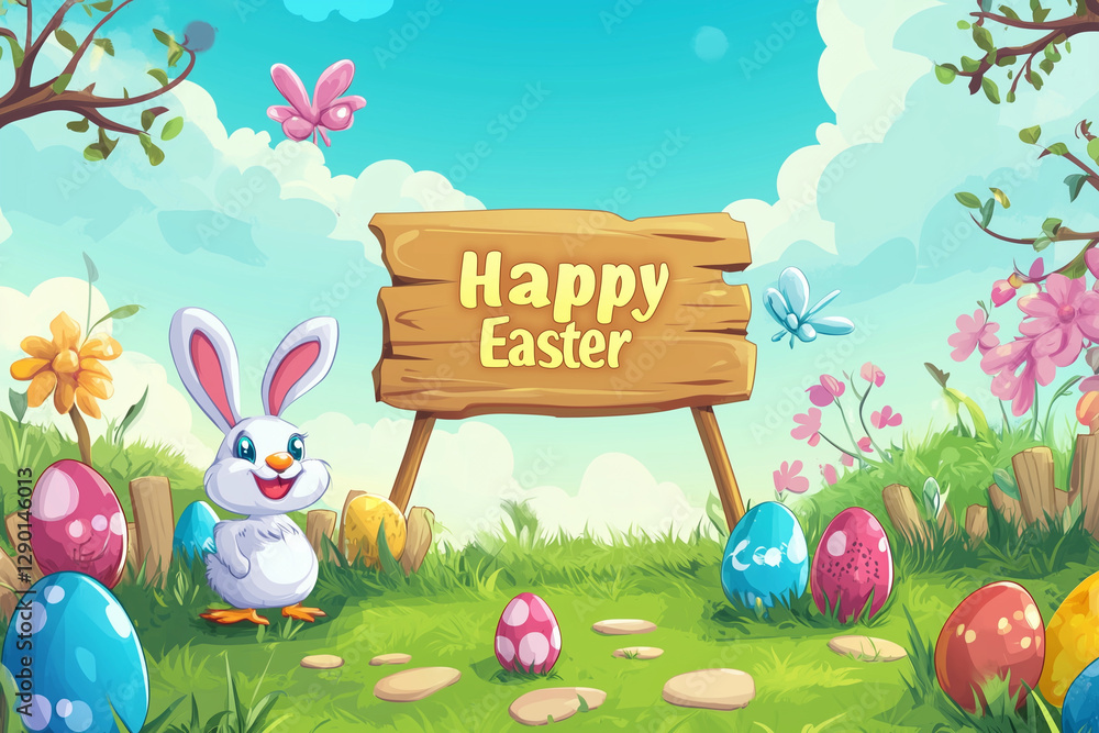 Poster cartoon rabbit is standing in front of a sign that says happy easter. the sign is wooden and has a m