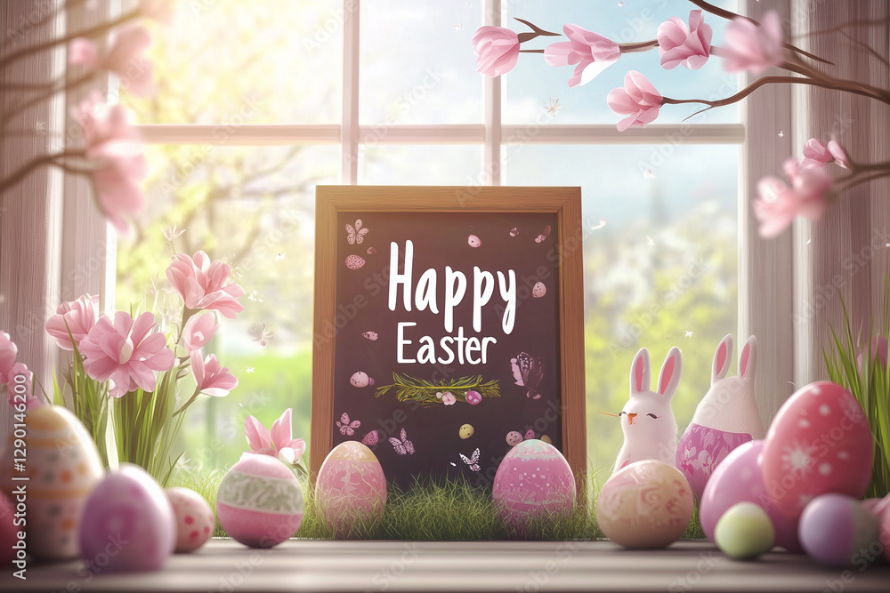 Aufkleber chalkboard with a happy easter message and a bunch of easter eggs and rabbits. concept of joy and ce