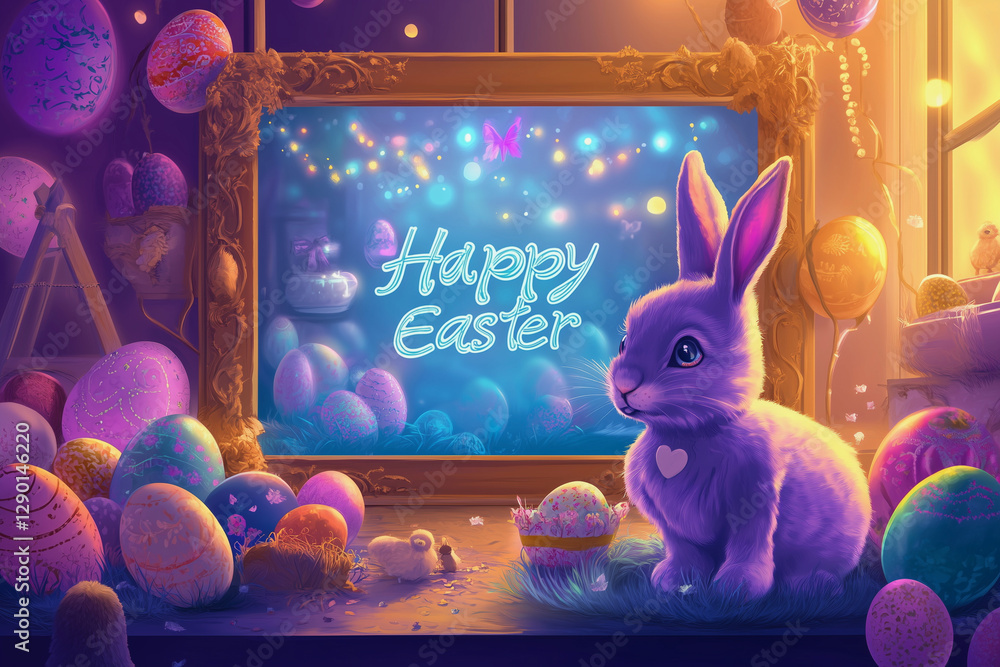 Poster rabbit is sitting in front of a large easter sign. the sign is decorated with many colorful eggs and