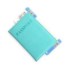 Fototapeta premium One passport with ticket isolated on white, top view