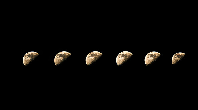 Lunar Phases Sequence: Golden Crescent Moons Against a Black Sky