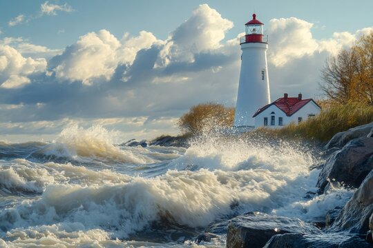 Crisp Point Lighthouse enduring powerful waves crashing on Lake Superior shore