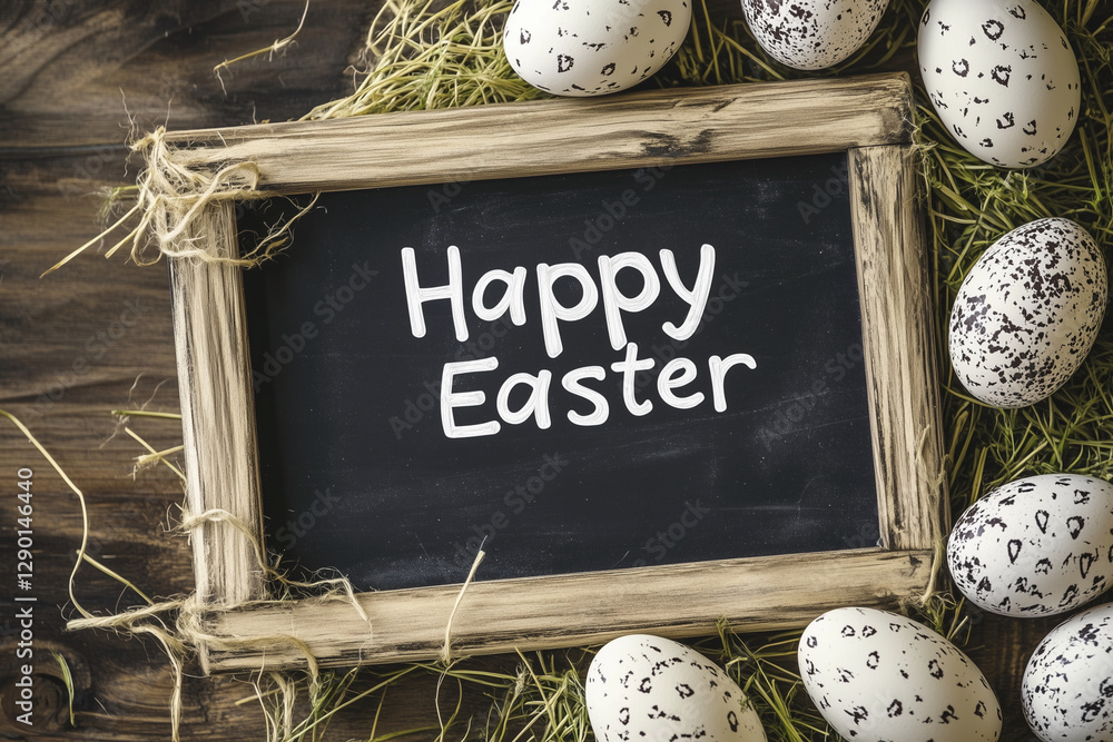 Poster chalkboard with a happy easter message written on it. the chalkboard is surrounded by eggs and grass