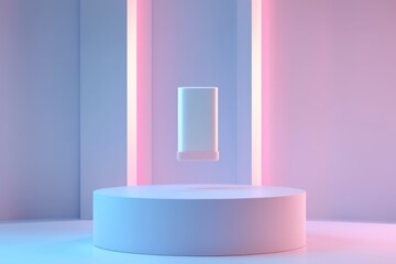 Holographic podium design with minimalist floating mockup and clean branding area.