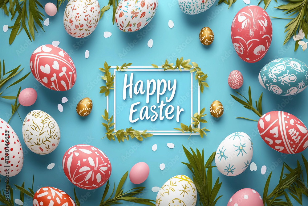 Poster blue background with a white frame and a large number of colorful eggs. the eggs are decorated with 