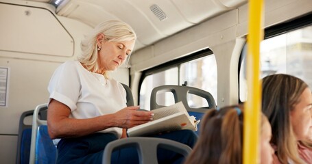 Reading book, bus and woman in city, travel and commute with passengers, explore and adventure....