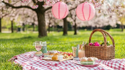 Charming picnic scene with pink lanterns hanging from blossoming cherry trees on a sunny spring day in park