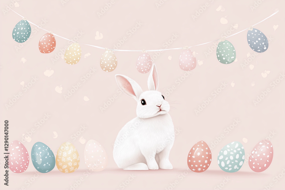 Poster rabbit is sitting in front of a bunch of easter eggs. the eggs are of different colors and sizes, an