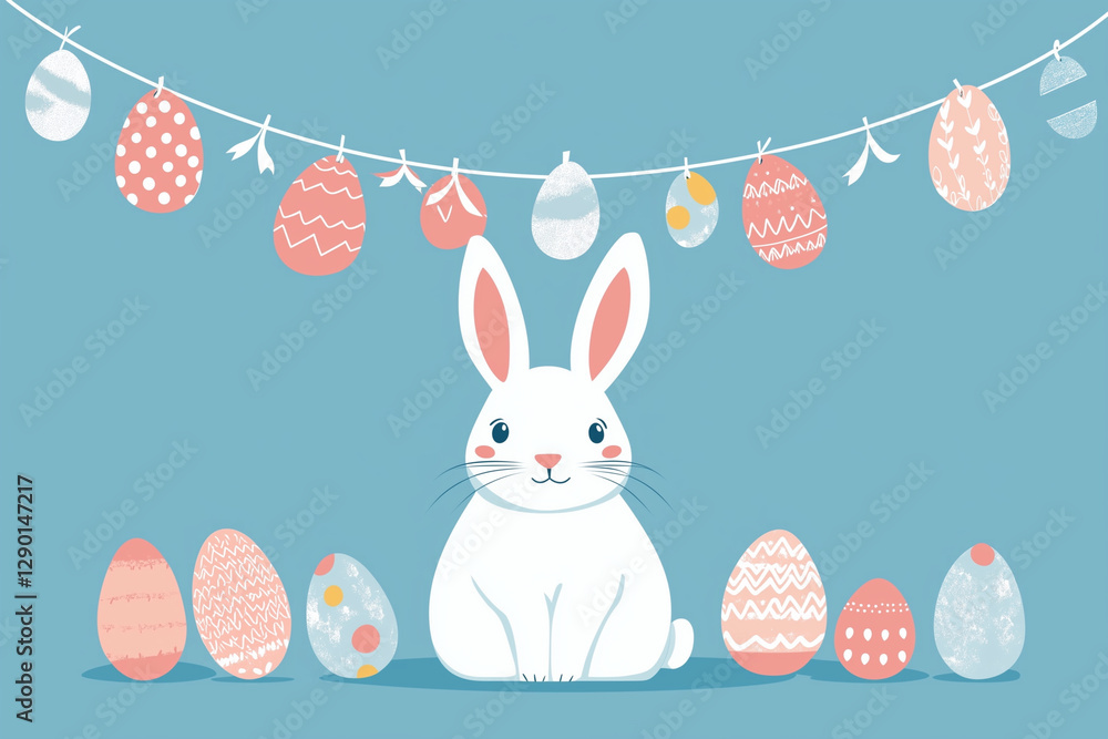Poster rabbit is sitting in front of a bunch of easter eggs. the eggs are hanging from a string, and the ra