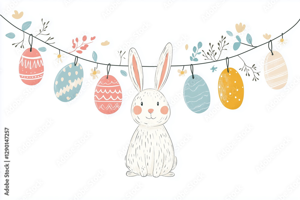 Poster rabbit is sitting in front of a string of easter eggs. the eggs are of different colors and sizes, a