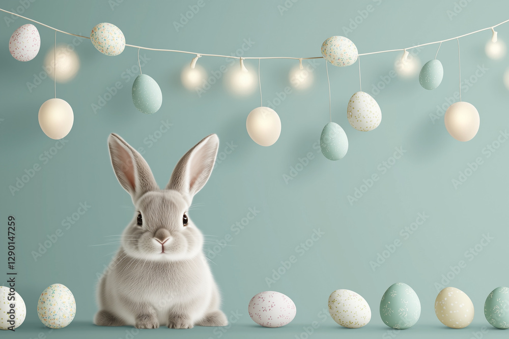 Poster rabbit is standing in front of a bunch of easter eggs. the eggs are in various sizes and colors, and