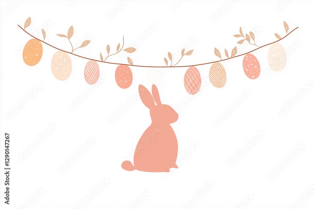 Poster rabbit is sitting on a white background with a string of easter eggs hanging above it. concept of ce