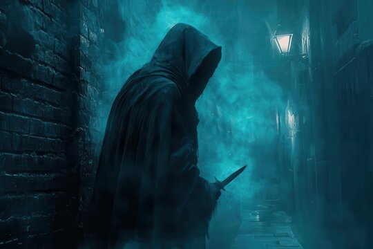 hooded figure looms in a misty alley, knife glints under flickering streetlight, deep shadows cloak the scene, sinister dread in cold blue tones.