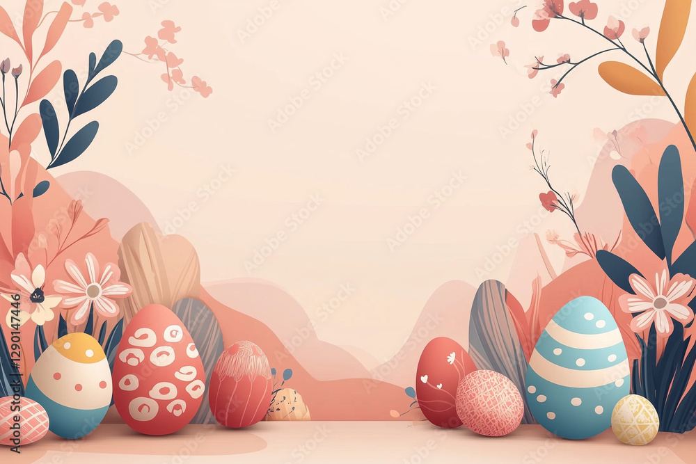 Poster colorful easter scene with a pink background and a mountain in the background. there are many differ