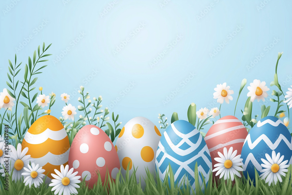 Poster field of flowers with a row of eggs in the foreground. the eggs are painted in different colors and 