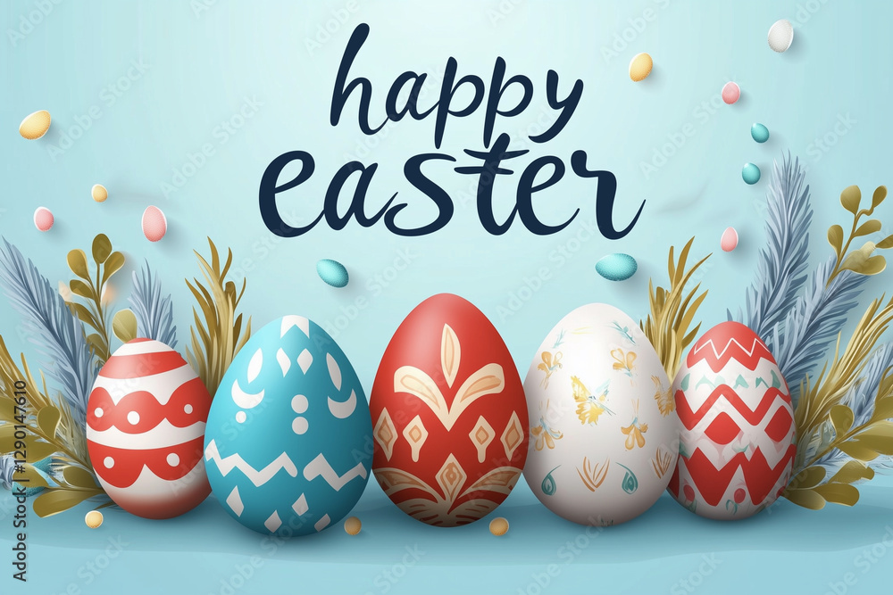 Poster colorful easter egg arrangement with a blue background and a message that reads 