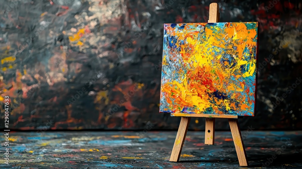 Poster vibrant abstract painting on easel with bold colors in studio setting artistic expressionist style