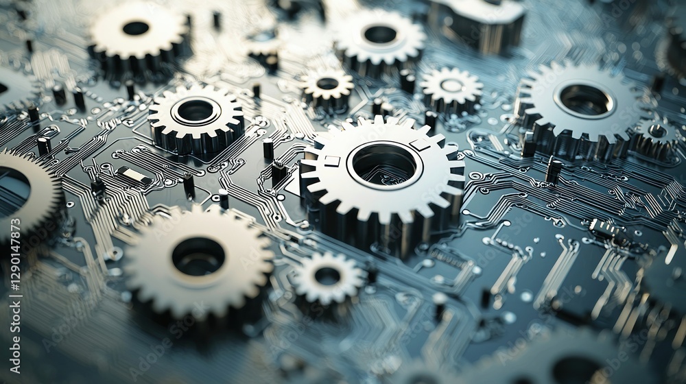 Poster gears on circuit board metallic mechanical detail showing engineering and futuristic technology conc