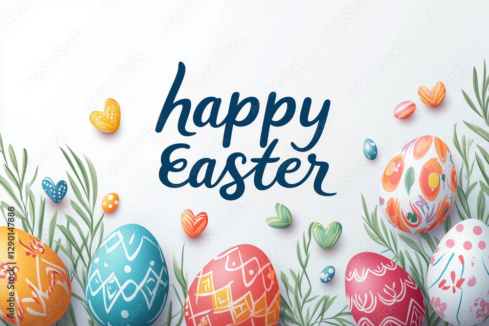 Aufkleber colorful easter egg arrangement with a white background and a large happy easter message. the eggs a