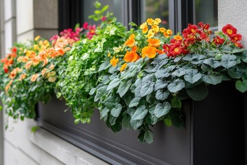 Fototapeta premium Vibrant window box overflowing with orange, red, and yellow flowers. Perfect for spring, summer, or home decor themes.