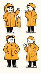 Four cheerful characters in yellow raincoats, showcasing different poses and expressions against a light background.