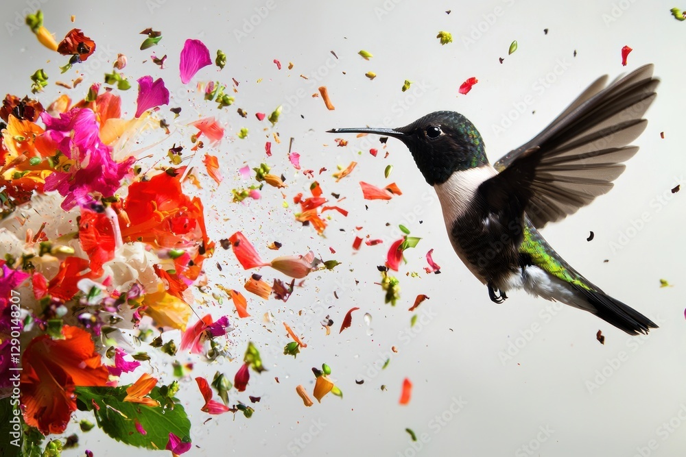 Aufkleber hummingbird in flight amidst exploding vibrant flowers in a dynamic burst of colorful petals and lea