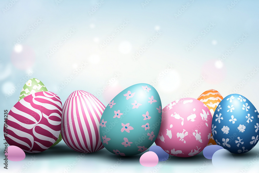 Poster colorful row of eggs with different patterns and colors. the eggs are arranged in a row, with some b