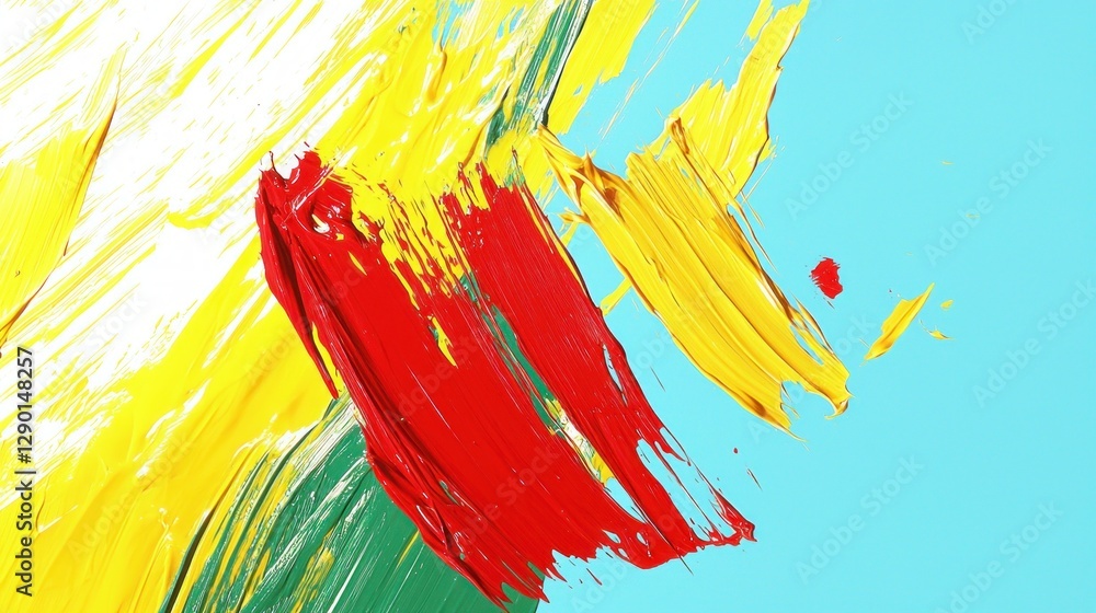 Poster vibrant strokes of yellow red and green paint on a light blue canvas creating a bold and abstract ar