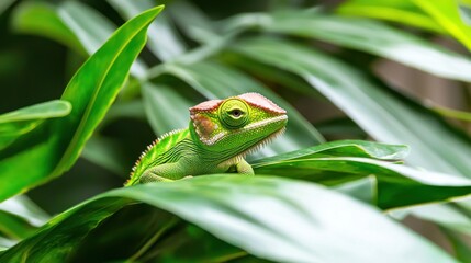 Vibrant chameleon resting among lush green tropical foliage in a close up shot with shallow depth of field