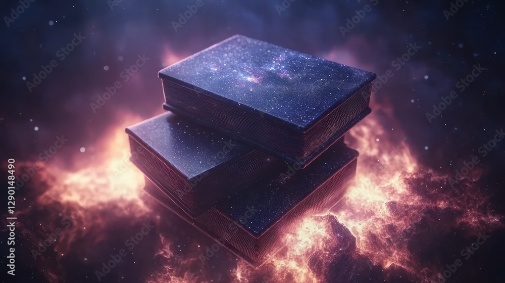 Poster Stack of Cosmic Books Floating in a Nebula of Light and Color Representing Knowledge and Imagination with a Dark Background and a Low Angle