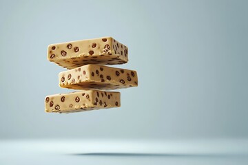 Floating Caramel Squares with Chocolate Chips, Minimalist Food Photography
