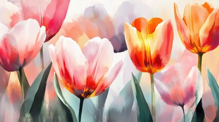 Fototapeta premium Colorful Watercolor Tulips in Soft Brushstrokes