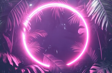 Neon Pink Circle Frame with Tropical Plants