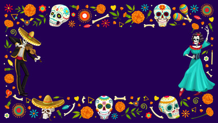 Dia De Los Muertos Day of the Dead holiday frame with cartoon sugar skulls, marigold flowers. Mexico Halloween vector characters of mariachi musician and Catrina Calavera dancer skeletons with maracas