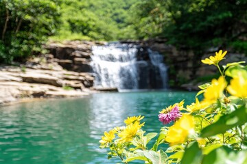 Naklejka premium Serene Tropical Waterfall with Vibrant Yellow Flowers Tranquil Turquoise Water Green Lush Foliage Peaceful Nature Scenery Holiday Destination Dreamy Backdrop