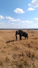 Solitary elephant grazing in the african savanna under blue sky