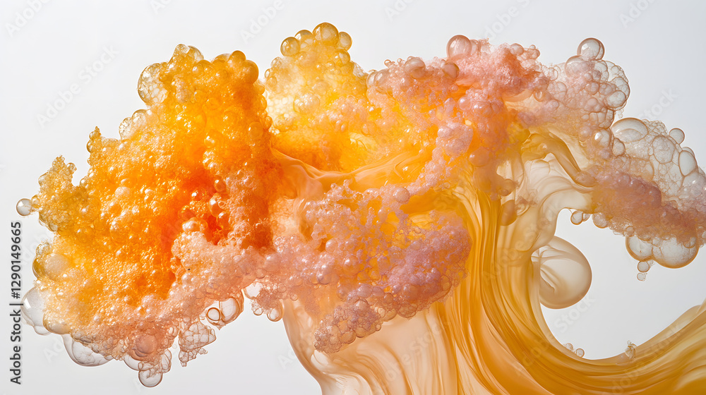 Poster close up of a liquid mixture with vibrant orange and pink colors in a clear container