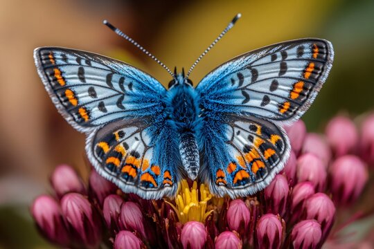 Blue and orange butterfly sitting on a purple flower - Powered by Adobe